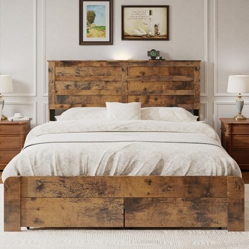 Farmhouse Wooden Platform Bed with 2 Storage Drawers and Dual USB Ports for Bedroom, Space-Saving Queen Size Bed Frame with Storage Headboard and Metal Slats Support, No Box Spring Needed