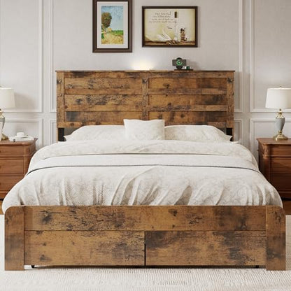 Farmhouse Wooden Platform Bed with 2 Storage Drawers and Dual USB Ports for Bedroom, Space-Saving Queen Size Bed Frame with Storage Headboard and Metal Slats Support, No Box Spring Needed