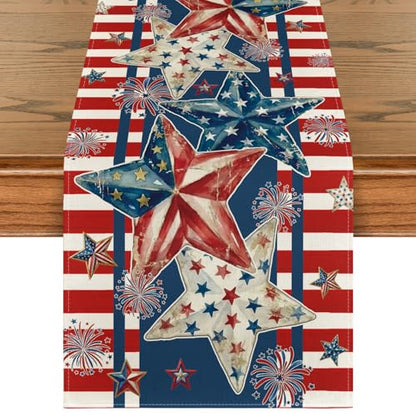 American Flag Stars 210 GSM 4th of July Table Runner, Patriotic Memorial Day Kitchen Dining Table Decoration for Home Party Decor 13x72 Inch