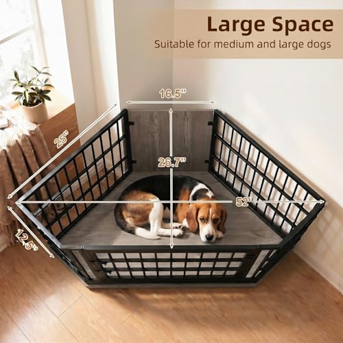 52 Inch Dog Crate Furniture Corner for Large Dogs, Grey, view 4