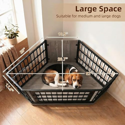 52 Inch Dog Crate Furniture Corner for Large Dogs, Grey, view 4