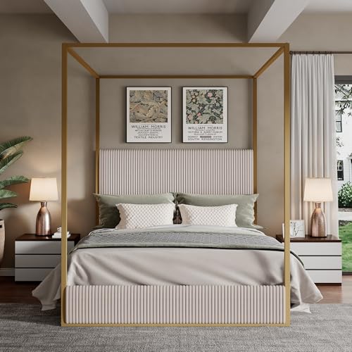 Luxury Queen Metal Canopy Bed with Tall Upholstered Headboard, Beige, view 4