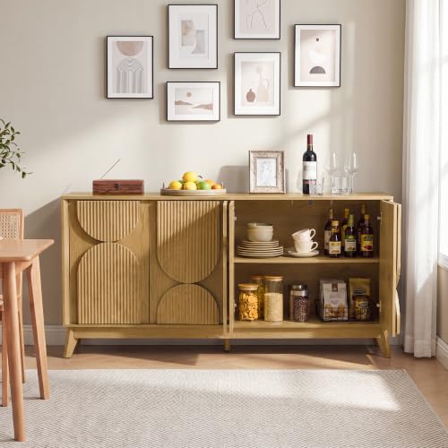 63 Inch Mid Century Modern Fluted Sideboard Buffet Cabinet Natural, view 7
