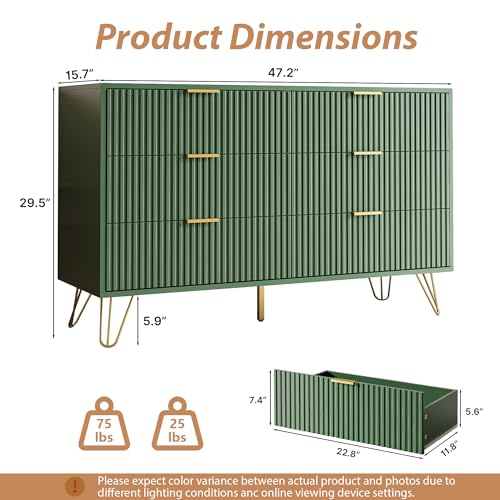 Green 6 Drawer Dresser for Bedroom, Fluted Dresser with Gold metal Handles, view 3