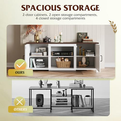 Modern Farmhouse TV Stand for TVs up to 65", Entertainment Center with X-Shaped Barn Doors, Large Storage Media TV Console with Adjustable Shelves & Cable Holes for Living Room, White