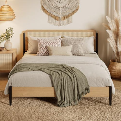 Natural Rattan Queen Bed Frame with Wooden Headboard, view 4