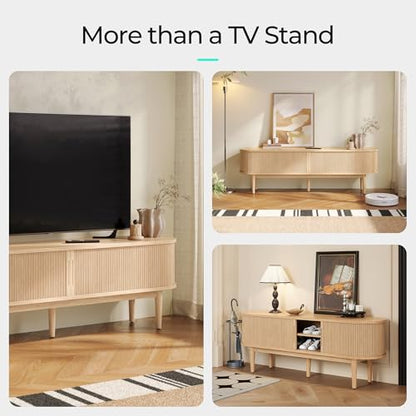 Fluted TV Stand for 75" TV, Mid-Century Modern 70" Entertainment Center with Sliding Tambour Door and Storage Cabinet, Cruved TV Media Console Table for Living Room, Bedroom, Oak