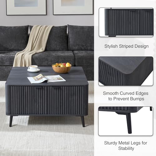 Large Lift Top Coffee Table with Hidden Compartment, 35.4" Wide Oversized Square Coffee Table with Storage, Mid Century Modern Fluted Center Table for Home Living Room, Black Grey