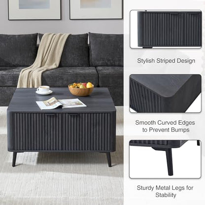 Large Lift Top Coffee Table with Hidden Compartment, 35.4" Wide Oversized Square Coffee Table with Storage, Mid Century Modern Fluted Center Table for Home Living Room, Black Grey