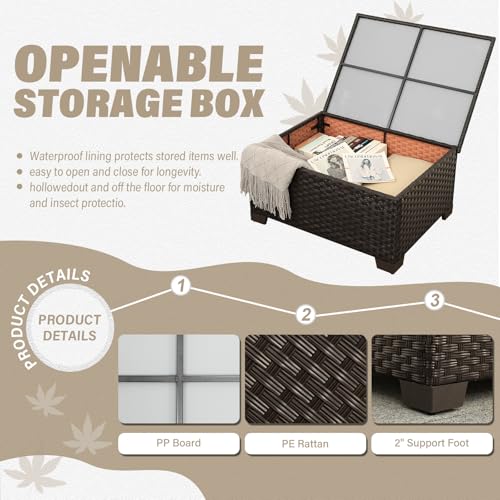 6 Pieces Patio Outdoor Furniture Outdoor Conversation Sets Wicker Sofa Set with Outdoor Couch Patio Chairs Storage Coffee Table Khaki Cushions Waterproof Covers