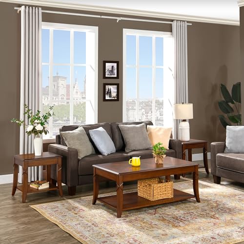 Solid Wood Coffee Table with Storage Shelf, Mid-Century Living Room Tables with Carved Tabletop and Leg, 43.3” Splicing Cocktail Center Sofa Table, Cherry Brown KFZ-DR200