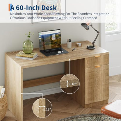 Fluted Executive Desk with Drawers, 60" Modern Home Office Desk, view 5