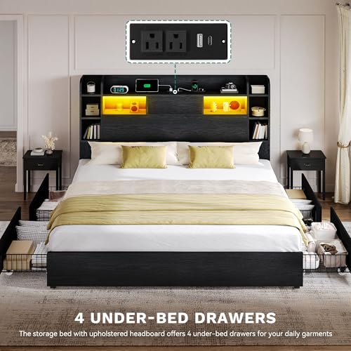 King Size Bed Frame, 51" Tall Bookcase Headboard, 4 Storage Drawer, view 8