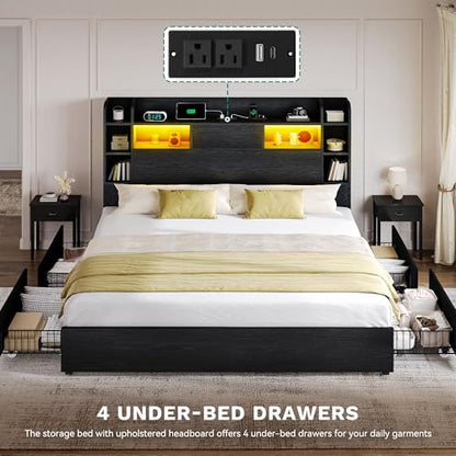 King Size Bed Frame, 51" Tall Bookcase Headboard, 4 Storage Drawer, view 8