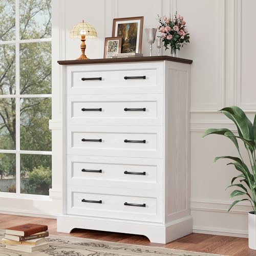 Tall Dresser for Bedroom,Farmhouse 5 Drawers Dresser, Chest of Drawer Chest, Multi-Tier Clothing Storage Cabinet, White and Brown