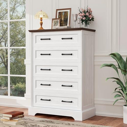Tall Dresser for Bedroom,Farmhouse 5 Drawers Dresser, Chest of Drawer Chest, Multi-Tier Clothing Storage Cabinet, White and Brown