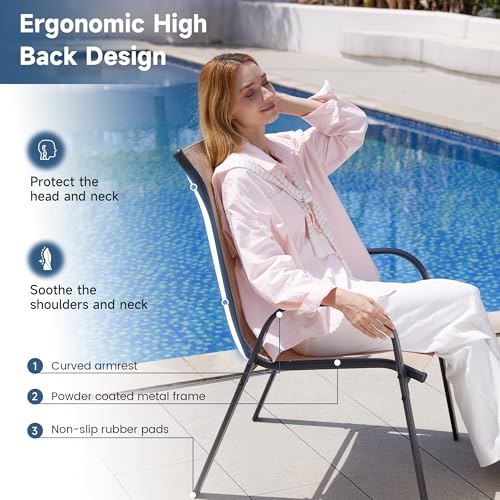 Patio Chairs Set of 4, Outdoor Stackable Dining Chairs for All Weather, Breathable Garden Outdoor Furniture for Backyard Deck, Brown