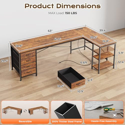 63 Inch L Shaped Desk with Fabric Drawers, view 5