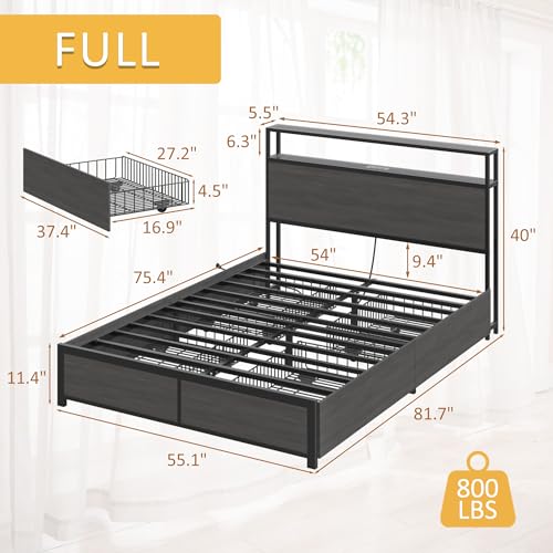 Full Bed Frame with 2-Tier Storage Headboard, view 3