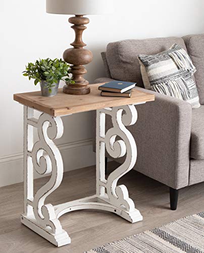 Wyldwood Rustic French Solid Wood Side Table, 24" x 14" x 12.75", White and Rustic Brown, Chic Farmhouse Inspiration, Natural Wood Top