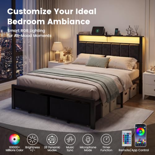 Full Size Bed Frame with Upholstered Headboard and 2 Storage Drawers, view 4