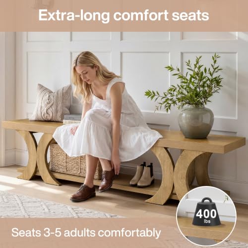70.87" Extra Long Entryway Bench, Farmhouse Entryway Bench with Shoe Storage, Wooden Seating with Curved Legs for Living Room, Bedroom, Hallway, Foyer, Easy Assembly