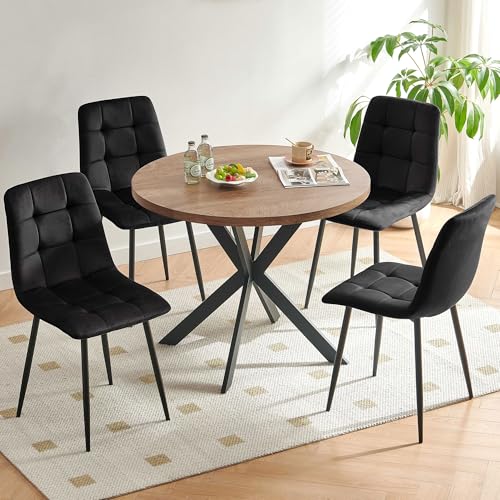 37-Inch Round Kitchen Dining Room Table Set for 4, Modern Mid-Century Brown Dining Table with Black Velvet Chairs Set, Small Dining Set for Restaurant/Dining Hall