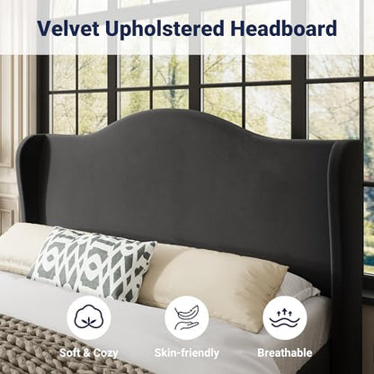 Queen Size Bed Frame, Plush Velvet Wingback, Modern Style, Black, view 5