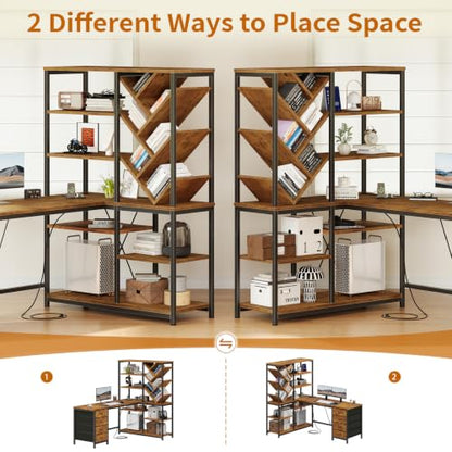 58" L Shaped Desk with Bookshelf and 3 Drawers for Home Office, view 5