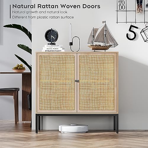 Set of 2 Sideboard Buffet Cabinet with Natural Rattan Decorated Doors, 63" W Rattan Cabinet, Console Storage Cabinet, Boho Credenza for Living Room, Entryway, Dining Room/Square Doors