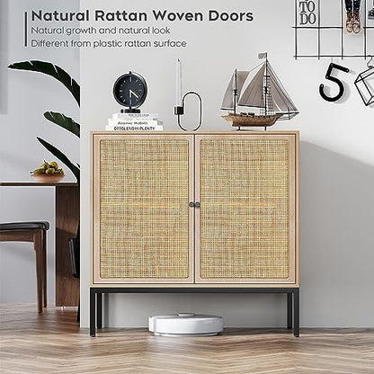 Set of 2 Sideboard Buffet Cabinet with Natural Rattan Decorated Doors, 63" W Rattan Cabinet, Console Storage Cabinet, Boho Credenza for Living Room, Entryway, Dining Room/Square Doors