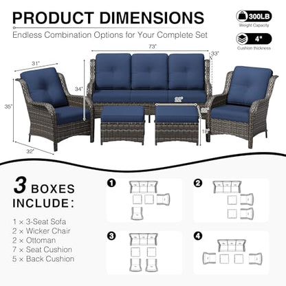 5 Piece Wicker Patio Furniture Set, Rattan Patio Chairs with High Back, Deep Seating, Wide Armrest, Thickened Cushions, Outdoor Furniture for Deck, Porch Use