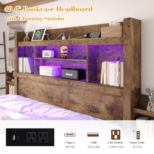 King Bed Frame with Storage, Bookcase Headboard, Rustic Brown, view 5