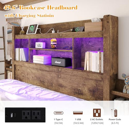 King Bed Frame with Storage, Bookcase Headboard, Rustic Brown, view 5