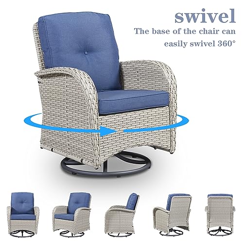 Patio Wicker Chairs Swivel Rocker - Outdoor Swivel Rocking Chairs Set of 2 with Rattan Side Table,3 Piece Patio Swivel Glider Chair Furniture Sets for Patio Porch Pool Light Beige/Blue