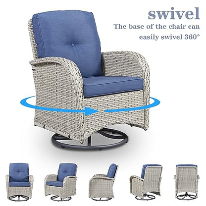 Patio Wicker Chairs Swivel Rocker - Outdoor Swivel Rocking Chairs Set of 2 with Rattan Side Table,3 Piece Patio Swivel Glider Chair Furniture Sets for Patio Porch Pool Light Beige/Blue