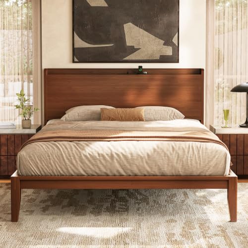 Bamboo Wood Queen Bed Frame with Charging Station & Headboard, view 2