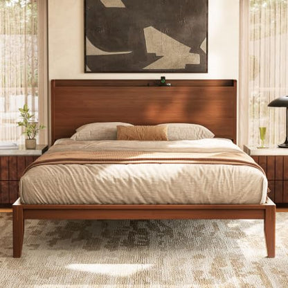 Bamboo Wood Queen Bed Frame with Charging Station & Headboard, view 2