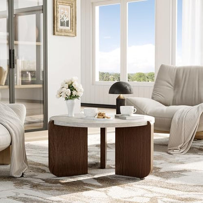 31.5" Round Coffee Table, Faux Marble Tabletop with Walnut Wood Grain Legs, Modern Minimalist Center Table for Living Room, Waterproof & Easy Assembly, Off-White
