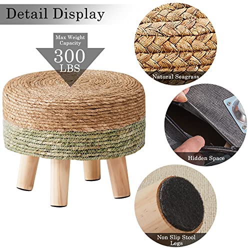 Ottoman Natural Seagrass Footrest Poufs Hand Weave Round Foot Stool for Couch Desk Soft Step Stool Padded Foot Rest with Pine Legs for Living Room Bedroom Natural/Green