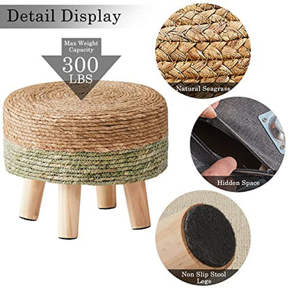 Ottoman Natural Seagrass Footrest Poufs Hand Weave Round Foot Stool for Couch Desk Soft Step Stool Padded Foot Rest with Pine Legs for Living Room Bedroom Natural/Green