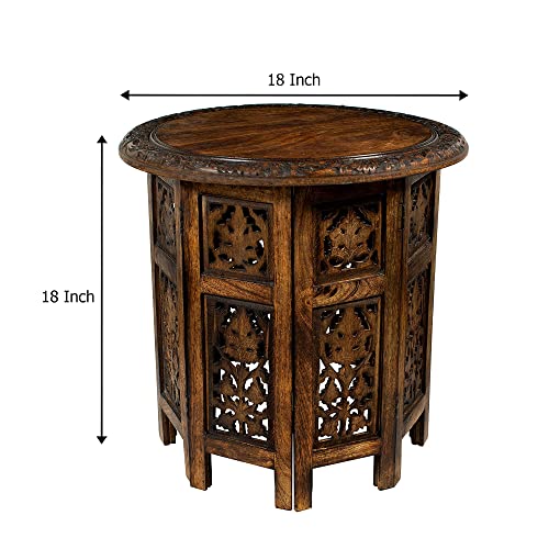 Solid Wood Accent End Table - Hand Carved Vintage Boho Folding Side Table - Small Spaces Entryway Farmhouse Living Room Bedside - No Tools Assembly -18x18 Round - Jaipur Antique Brown