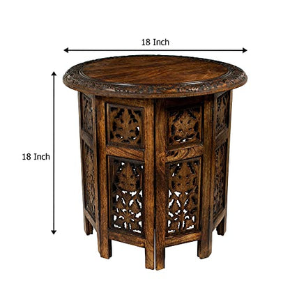 Solid Wood Accent End Table - Hand Carved Vintage Boho Folding Side Table - Small Spaces Entryway Farmhouse Living Room Bedside - No Tools Assembly -18x18 Round - Jaipur Antique Brown