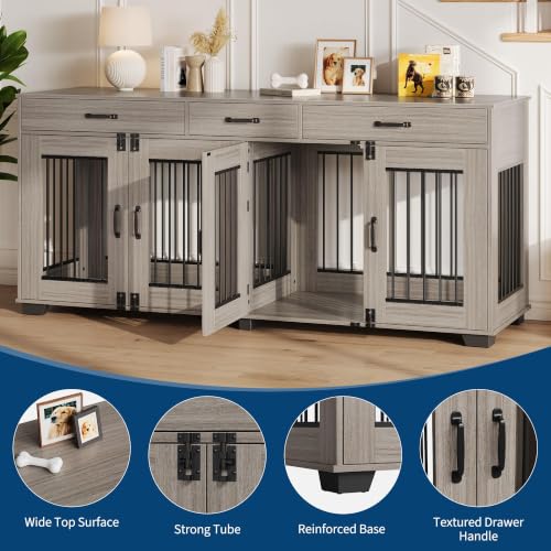 71'' Large Dog Crate for 2 Dogs, Dog Crate with 3 Drawers, Grey, view 4