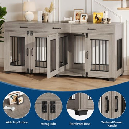 71'' Large Dog Crate for 2 Dogs, Dog Crate with 3 Drawers, Grey, view 4