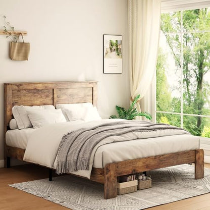 NNOOTK Wood Queen Size Bed Frame with Headboard and Footboard, Dark Brown, view 4