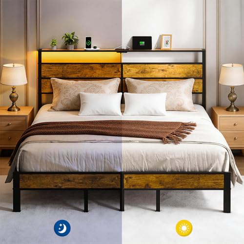 King Size Bed Frame with Storage Headboard, LED Lights, view 7