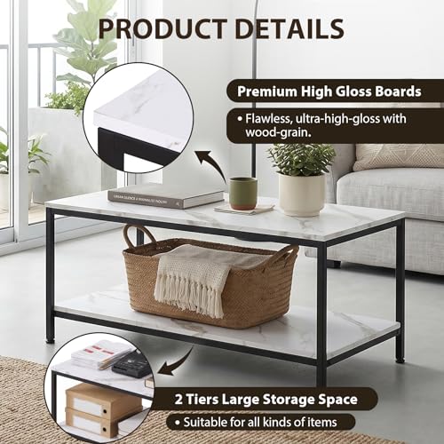 2-Tier Coffee Table with Storage Shelf for Small Apartment Living Room, Rectangle Wood and Stable Metal TV Stand Side End Table, White Marble
