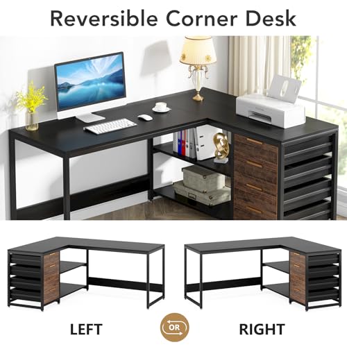 59-Inch L Shaped Desk with Drawers, Large Computer Desk with Storage Shelves, Reversible L-Shaped Corner Desk Workstation for Home Office