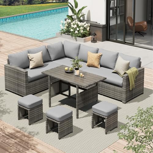 Outdoor Patio Furniture Set, 7 Pieces Clearance Sectional Rattan Dining Table&Chairs, All Weather Wicker Conversation Sofa Couch with Ottoman, Grey Cushions&Grey Rattan